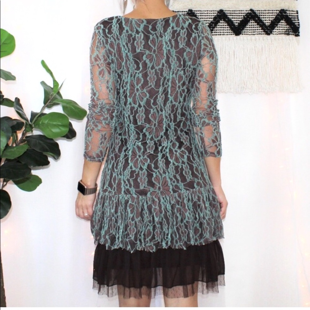 A'reve Lace Ruffle Tier Hem Dress in Brown & Teal - Picture 2 of 7